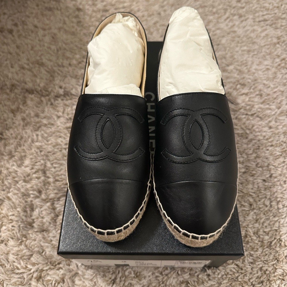CHANEL Black Leather Espadrilles